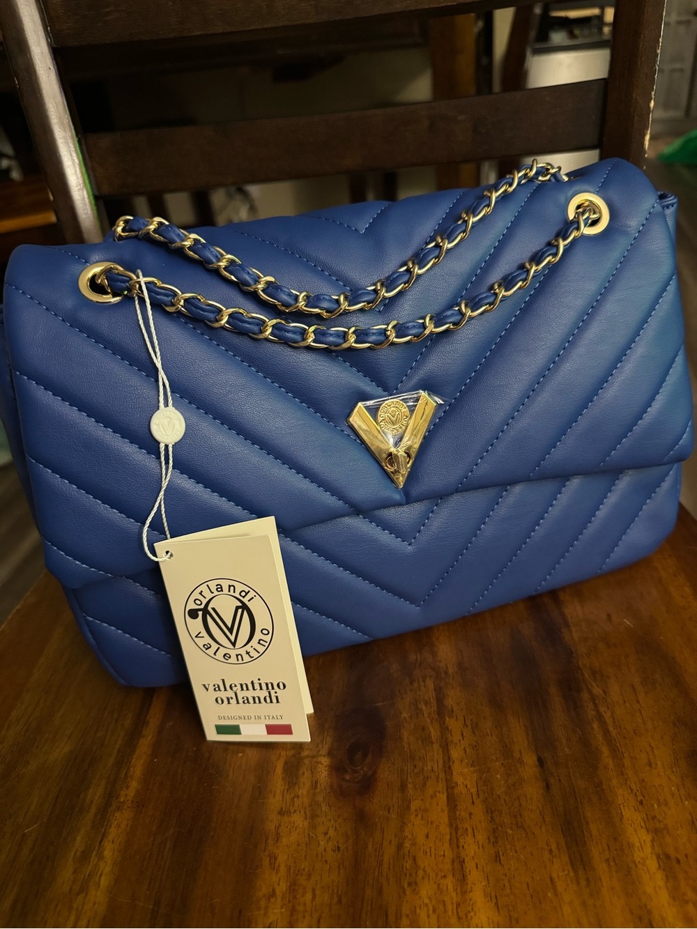 Valentino Orlandi Royal Blue Quilted Chain Shoulder Bag with Gold Hardware